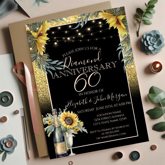 Invitation Chic Vin,Verre, Tournesols Anniversaire