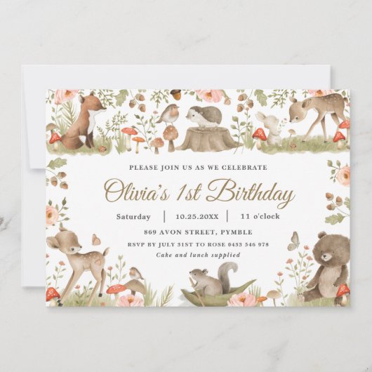 Invitation Chic Vintage Cute Woodland Animaux fête d'annivers (Devant)