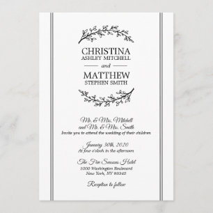 Invitation Chic Vintage noir blanc Laurel MARIAGE de couronne