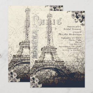 Invitation chic vintage Paris tour Eiffel et roses
