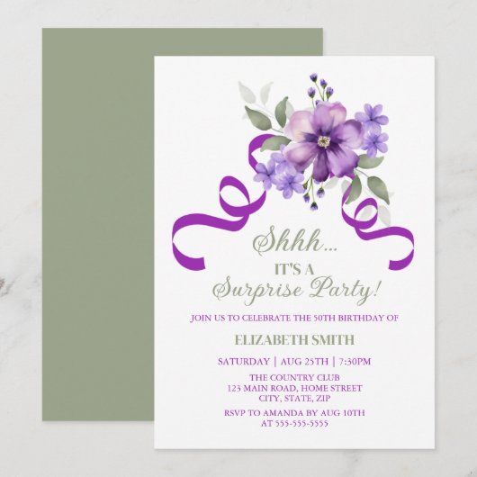 Invitation Chic Violet Floral Botanical Surprise Birthday (Devant / Derrière)