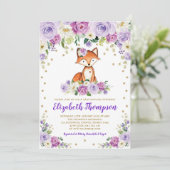 Invitation Chic Violet Floral Woodland Fox Baby Girl Douche (Debout devant)