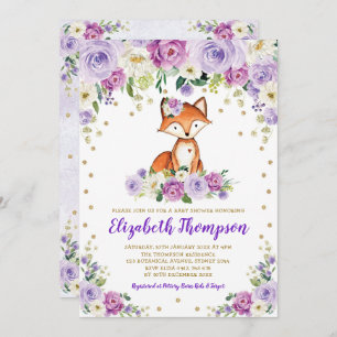 Invitation Chic Violet Floral Woodland Fox bébé fille douche