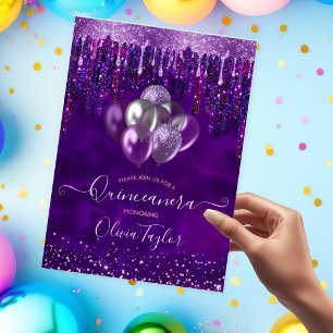 Invitation Chic violet gouttes parties scintillant ballons Qu