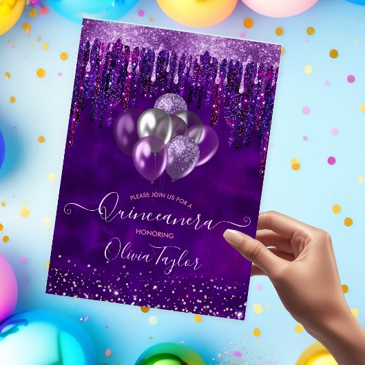 Invitation Chic violet gouttes parties scintillant ballons Qu