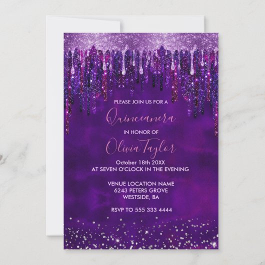 Invitation Chic violet gouttes parties scintillant ballons Qu (Dos)