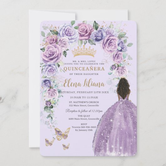 Invitation Chic violet Lavande Lavande Flore Arc Quinceañera (Devant)