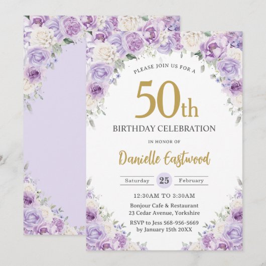 Invitation Chic violet Lilac blanc floral 50e 60e anniversair (Devant / Derrière)