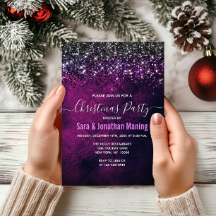 Invitation Chic violet noir gouttes d'argent parties scintill
