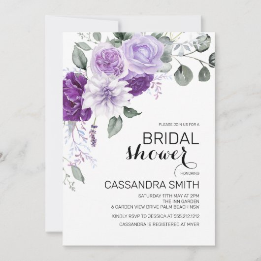 Invitation Chic Violet Purple Floral Greenery Bridal Shower (Devant)