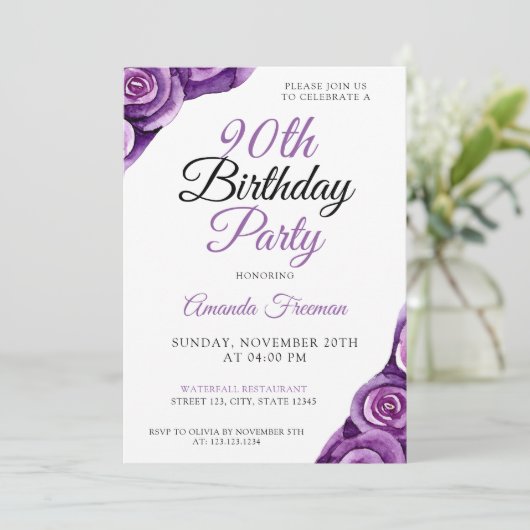 Invitation Chic violet Rose 90e anniversaire (Debout devant)