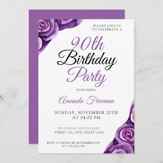 Invitation Chic violet Rose 90e anniversaire (Devant / Derrière)