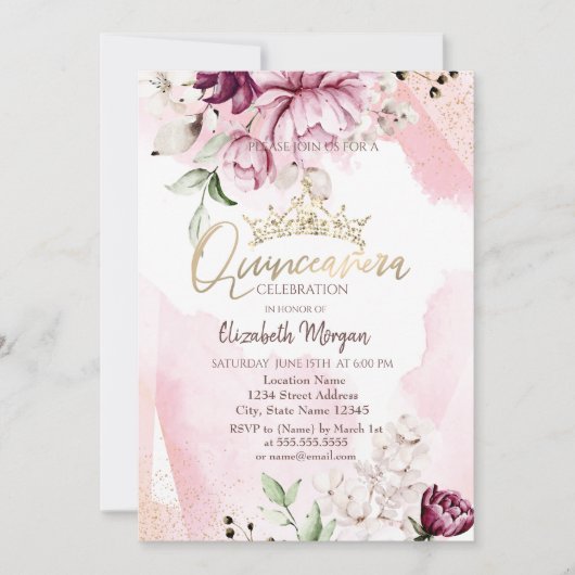 Invitation Chic Violet Rose Couronne Quinceañera (Devant)