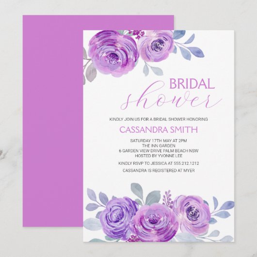 Invitation Chic Violet Rose Greenery Floral Bridal Shower  (Devant / Derrière)