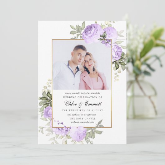 Invitation Chic violet Rose Rustique Floral Mariage Photo (Debout devant)