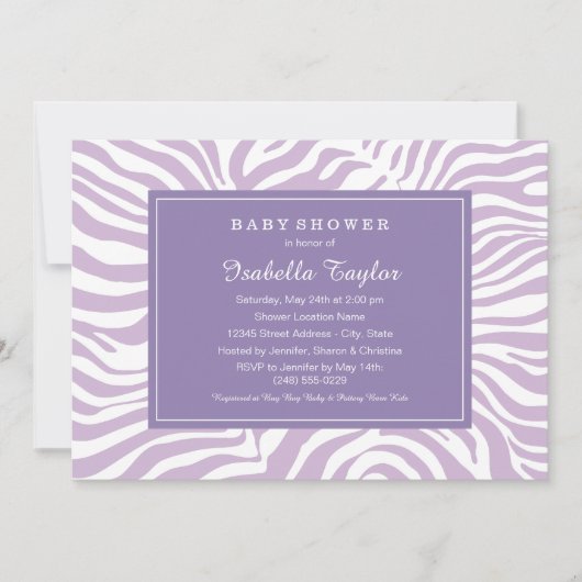 Invitation Chic Violet Zebra Stripes Baby shower fille (Devant)