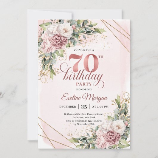Invitation Chic Warm Dusty Pink Floral Greenery 70th Birthday (Devant)