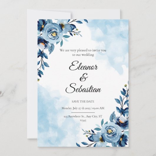 Invitation Chic Watercolor Blue Flower Enregistrer le Mariage (Devant)