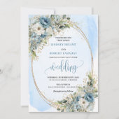 Invitation Chic Watercolor Blue Flowers Gold Glitter Wedding (Devant)