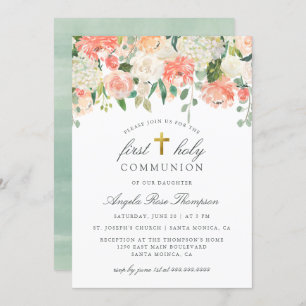 Invitation Chic Watercolor Floral Girl's First Holy Communion