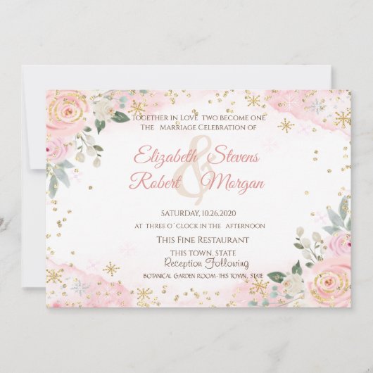 Invitation Chic Watercolor Flowers Snowflakes Wedding  (Devant)