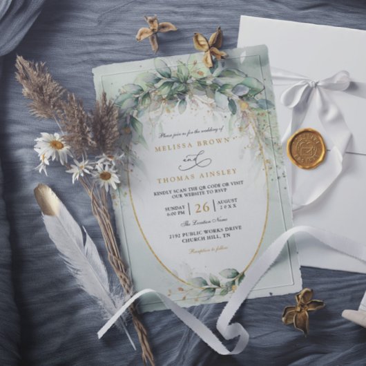 Invitation Chic watercolor greenery elegant qr code wedding