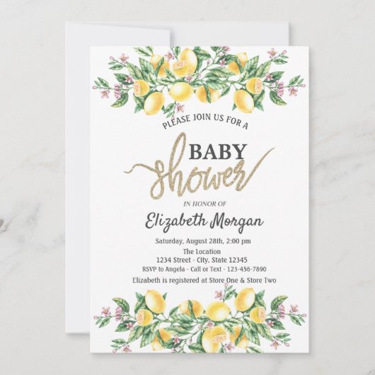 Invitation Chic Watercolor Lemons Baby shower botanique (Devant)