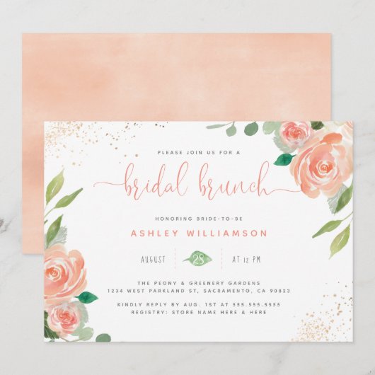 Invitation Chic Watercolor Peonies & Eucalyptus Bridal Brunch (Devant / Derrière)