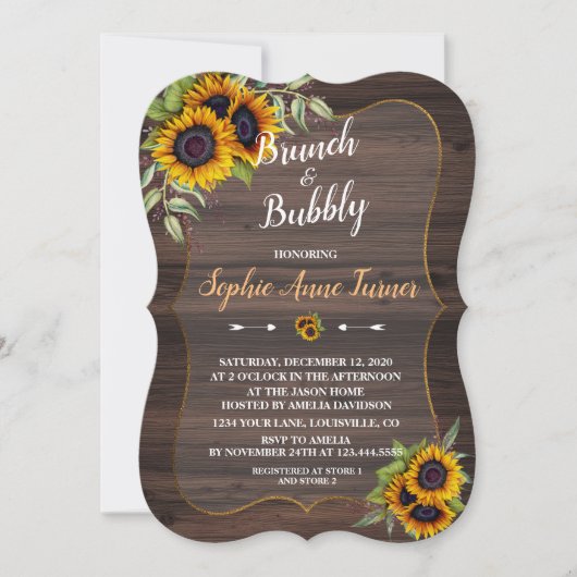 Invitation Chic Watercolor Sunflower Bois Brunch & Bubbly (Devant)