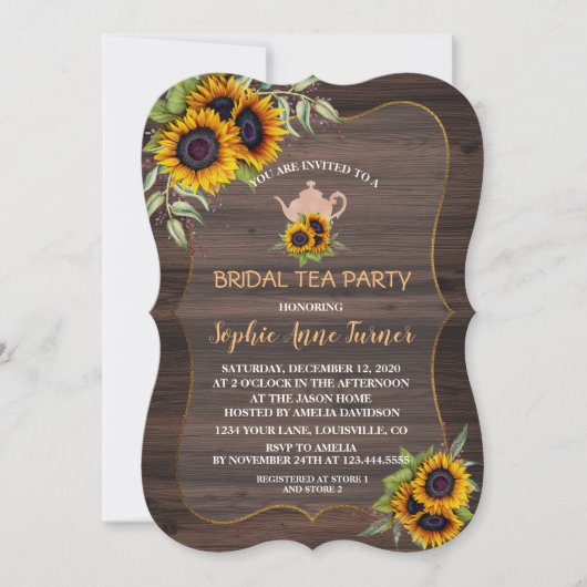 Invitation Chic Watercolor Sunflowers Wood Bridal Tea Party (Devant)