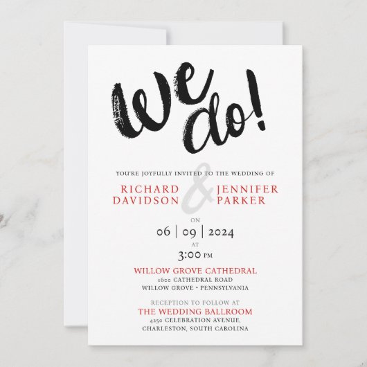 Invitation Chic We Do Black White Red Modern Script Mariage (Devant)