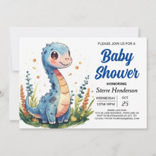 Invitation Chic Whimsical Blue Dinosaur Baby shower garçon