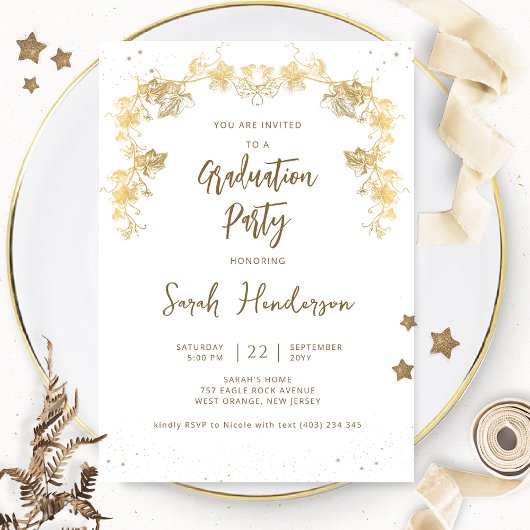 Invitation Chic White et Gold Starry Night Graduation Party