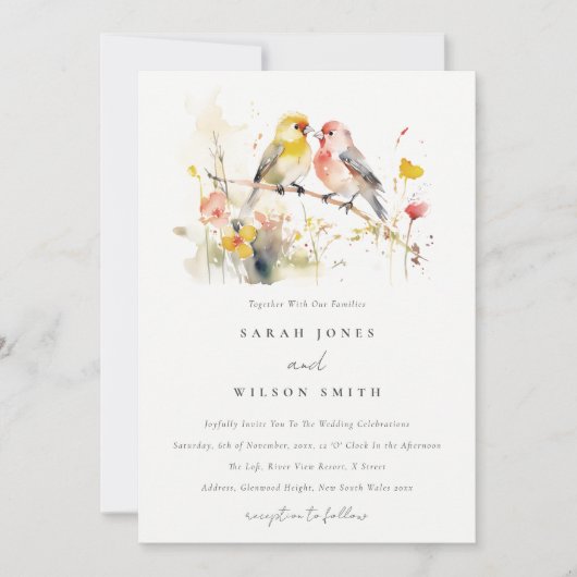Invitation Chic Wild Botanical Aquarelle Inséparables Mariage (Devant)
