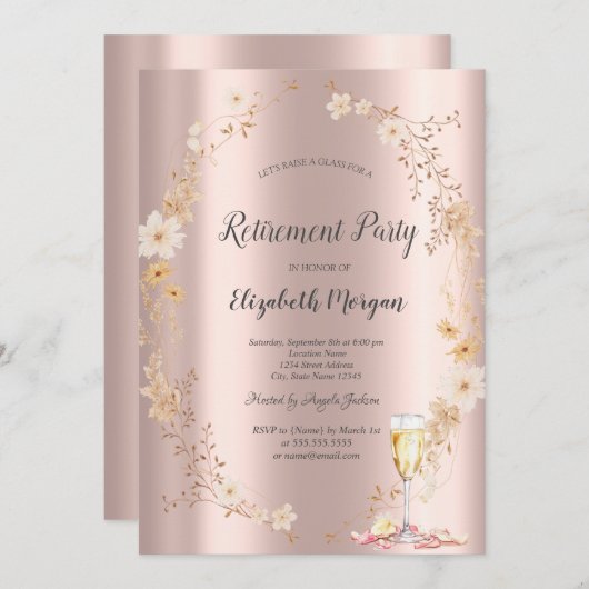 Invitation Chic Wildflower Champagne Rose Gold Retirement (Devant / Derrière)