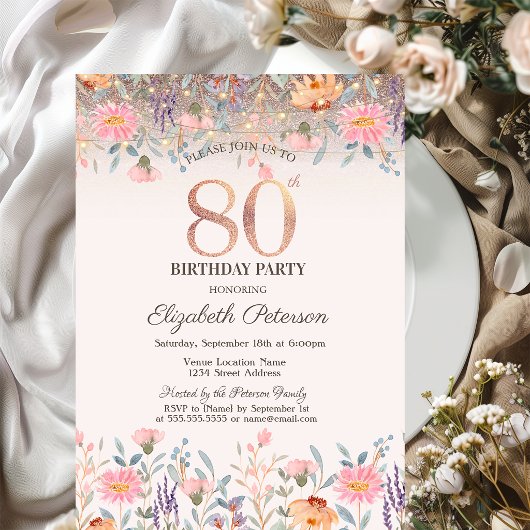 Invitation Chic Wildflowers Glitter String Lights 80th 