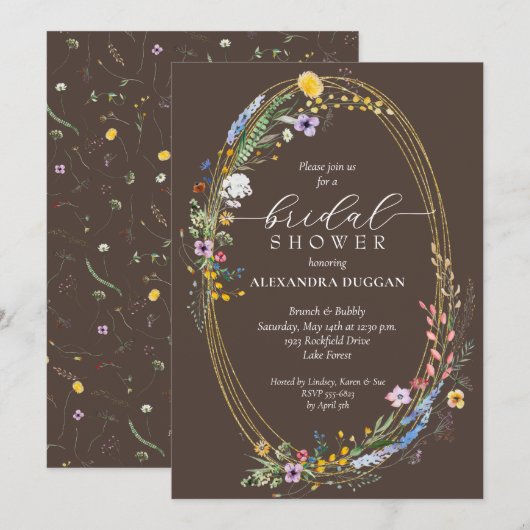 Invitation Chic Wildflowers on Brown Bridal Shower (Devant / Derrière)