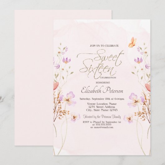 Invitation Chic Wildflowers Pink Watercolor Sweet 16 (Devant / Derrière)