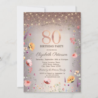 Invitation Chic Wildflowers String Lights 80th Birthday  