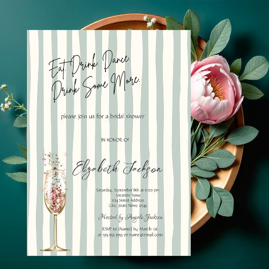 Invitation Chic Wine Glass Confetti Green Striped