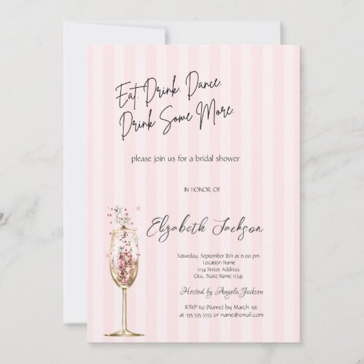 Invitation Chic Wine Glass Confetti Pink Striped (Devant)