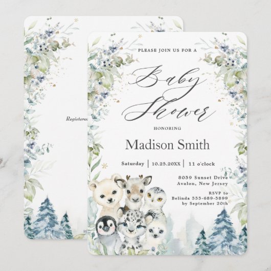Invitation Chic Winter Arctic Animaux Baby shower Neutre (Devant / Derrière)