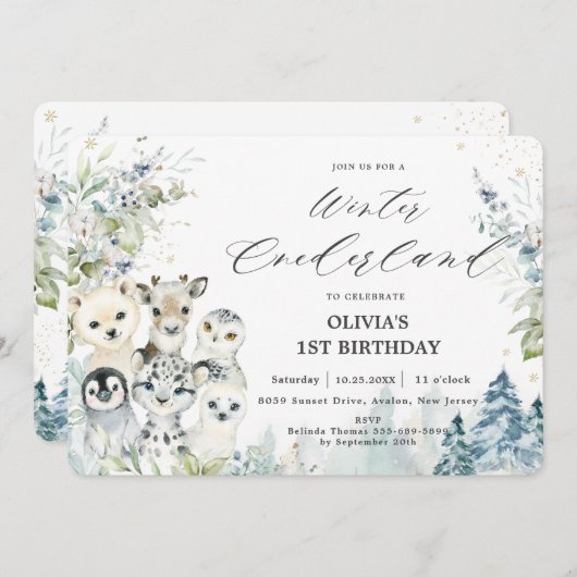 Invitation Chic Winter Arctic Animaux Onederland 1er annivers (Devant / Derrière)