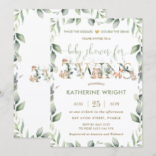 Invitation Chic Woodland Animals Baby shower Jumeaux de verdu