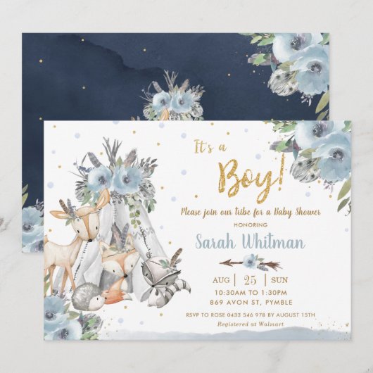 Invitation Chic Woodland Animals Tribal Boho Boy Baby shower (Devant / Derrière)