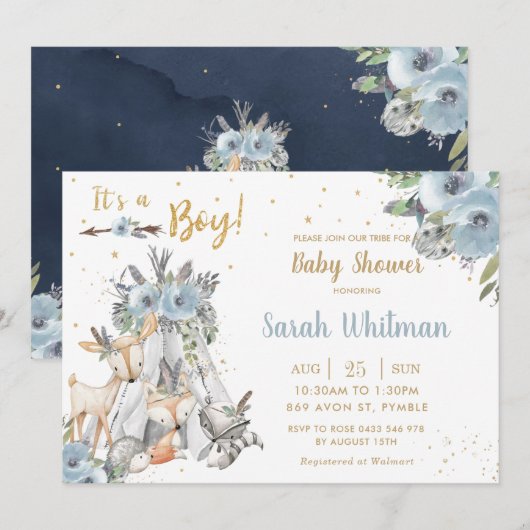 Invitation Chic Woodland Animaux Tribal Boho Boy Baby shower (Devant / Derrière)