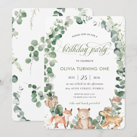 Invitation Chic Woodland Animaux Végétation 1er Anniversaire (Devant / Derrière)