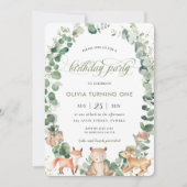 Invitation Chic Woodland Animaux Végétation 1er Anniversaire (Devant)