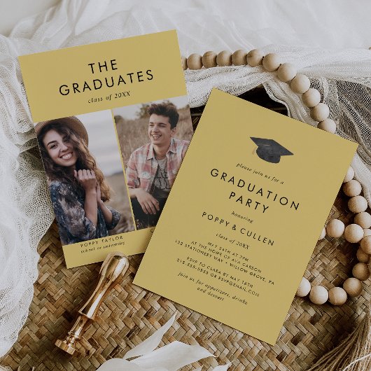 Invitation Chic Yellow Grad Casquette Photo Double Graduation