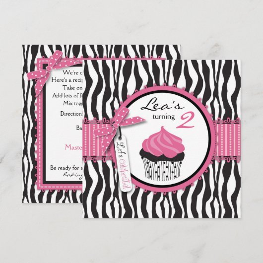 Invitation Chic Zebra Print & Cupcake Anniversaire (Devant / Derrière)